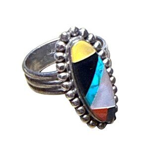 Vintage Zuni Sterling Silver Ring Size 9 Multicolor Inlay Oval Southwestern